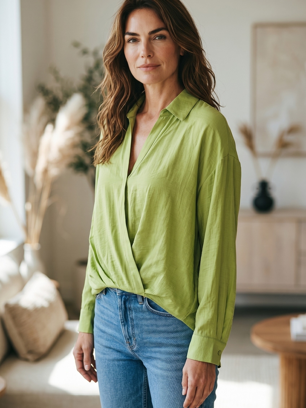 RACHEL Rachel Roy Lime Green Draped Button-Front Blouse